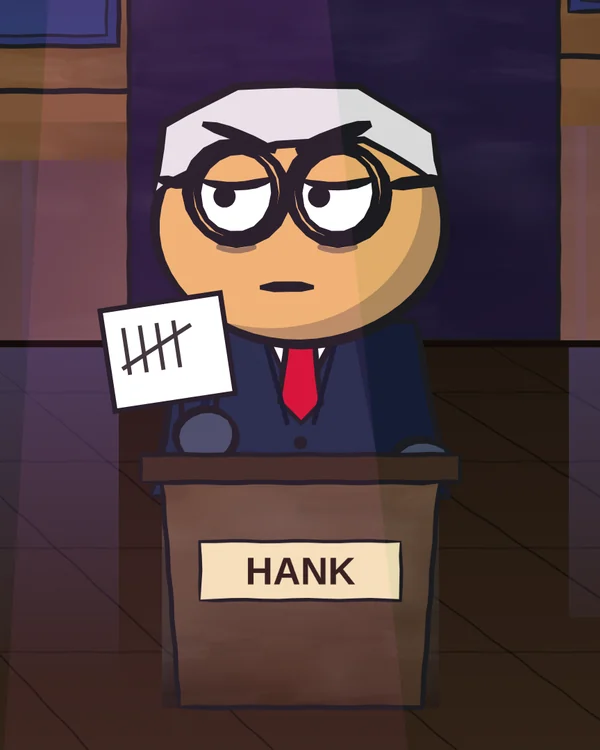 Hank Ledger holding up his tally card, deadpan